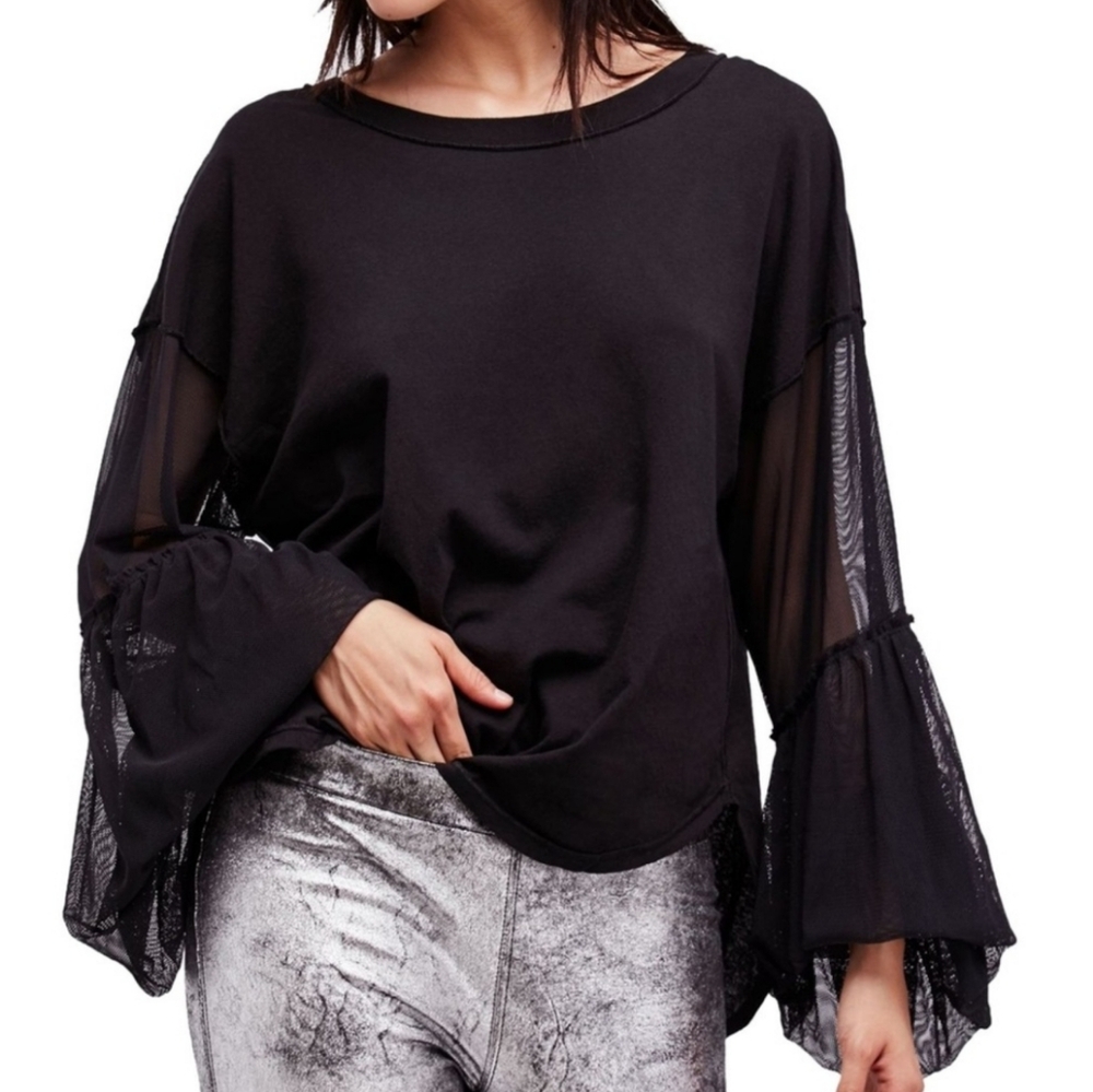 FREE PEOPLE Still Got It Black Mesh Bell Sleeve Whimsigoth Fairy Witchy Sz S